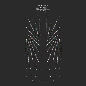 May include: A design of sparkling rhinestones on a dark background. The design is 3 inches by 13.46 inches, with 2 pieces. The text on the image reads: 76.2mm x 342 mm, ss10 - 464psc.
