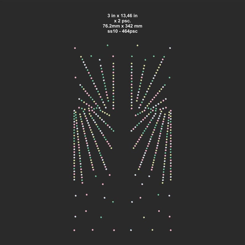May include: A design of sparkling rhinestones on a dark background. The design is 3 inches by 13.46 inches, with 2 pieces. The text on the image reads: 76.2mm x 342 mm, ss10 - 464psc.
