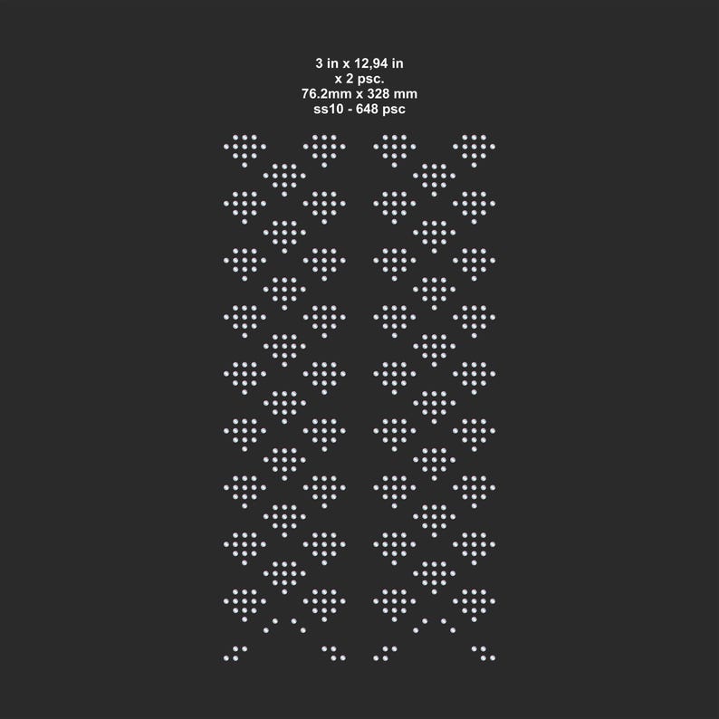 May include: Two vertical columns of white dots arranged in a diamond pattern on a black background. The image includes text indicating dimensions of 3 inches by 12.94 inches, and 76.2mm by 328mm.