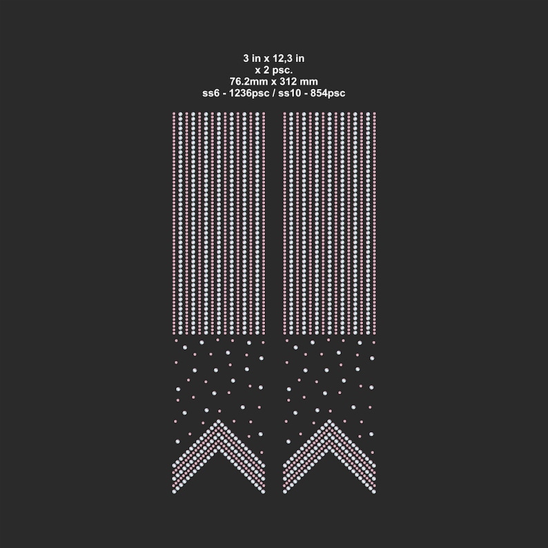 May include: Two decorative panels, each 3 inches wide and 12.3 inches long, feature vertical rows of white and pink dots. The design includes a dotted chevron pattern at the bottom. The text on the image reads: 3 in x 12,3 in x 2 psc. 76.2mm x 312 mm ss6 - 1236psc / ss10 - 854psc.