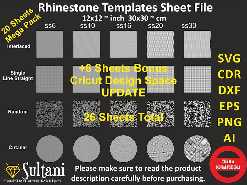 Rhinestone Template: 26-Sheet Mega Pack (20 + 6 Cricut Bonus) – SS6, SS10, SS16, SS20, SS30 (Digital File) image 1