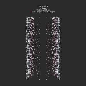May include: Two vertical panels of white and pink rhinestones on a black background. The panels are 3 inches by 13 inches. The image also includes the text: 3 in x 13.0 in x 2 psc. 76.2mm x 330 mm ss10 - 848psc / ss10 - 402psc.