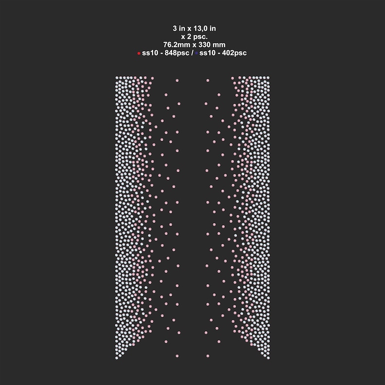 May include: Two vertical panels of white and pink rhinestones on a black background. The panels are 3 inches by 13 inches. The image also includes the text: 3 in x 13.0 in x 2 psc. 76.2mm x 330 mm ss10 - 848psc / ss10 - 402psc.