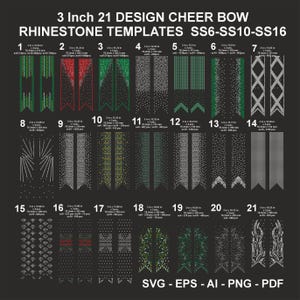 以下が含まれることがあります： 3インチ（約7.6cm）のチアリーディングリボン用の21個のラインストーンテンプレートのコレクション。デザインには、ストライプ、シェブロン、幾何学模様など、さまざまなパターンが含まれています。テンプレートは、SVG、EPS、AI、PNG、およびPDF形式で利用できます。