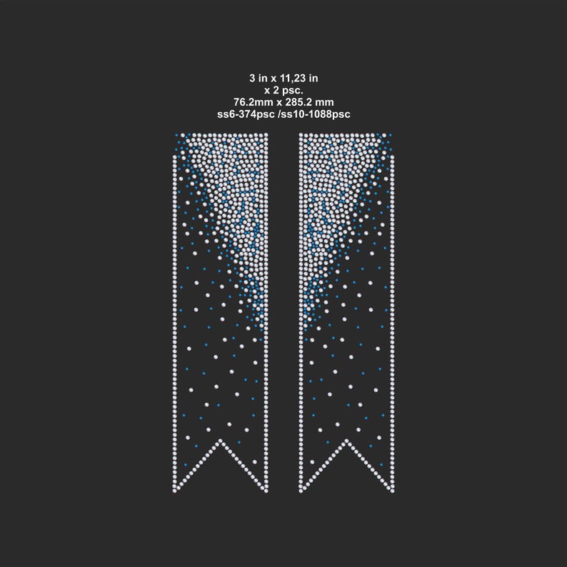 May include: Two rectangular designs with a banner bottom, each measuring 3 inches by 11.23 inches. The designs feature a gradient of white and blue dots, with the text "3 in x 11.23 in x 2 psc. 76.2mm x 285.2 mm ss6-374psc /ss10-1088psc".