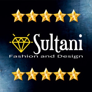 May include: A logo for a fashion and design company called Sultani. The logo features a yellow diamond with a white outline and a white starburst effect. The word "Sultani" is written in white, with the text "Fashion and Design" below it. There are five gold stars above the logo.