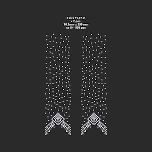 May include: Two rhinestone appliques, each measuring 3 inches by 11.77 inches, are displayed against a black background. The appliques are composed of numerous small, white rhinestones arranged in a pattern. The text on the image reads: 3 in x 11,77 in x 2 psc. 76.2mm x 299 mm ss10 - 508 psc.