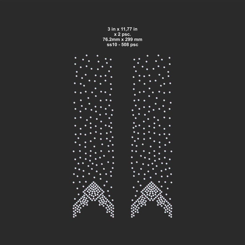 May include: Two rhinestone appliques, each measuring 3 inches by 11.77 inches, are displayed against a black background. The appliques are composed of numerous small, white rhinestones arranged in a pattern. The text on the image reads: 3 in x 11,77 in x 2 psc. 76.2mm x 299 mm ss10 - 508 psc.