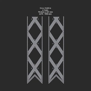 May include: Two rhinestone appliques, each measuring 3 inches by 13.03 inches, with a repeating diamond pattern. The appliques are made of small, sparkling rhinestones. The text on the image reads: 3 in x 13.03 in x 2 psc. 76.2mm x 331 mm ss10 - 1642 psc.