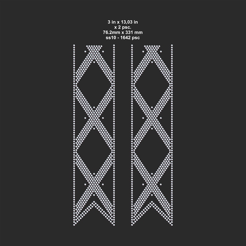 May include: Two rhinestone appliques, each measuring 3 inches by 13.03 inches, with a repeating diamond pattern. The appliques are made of small, sparkling rhinestones. The text on the image reads: 3 in x 13.03 in x 2 psc. 76.2mm x 331 mm ss10 - 1642 psc.