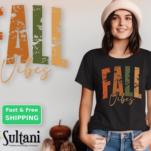 Plus Size Fall Vibes Cotton Tee, Autumn Graphic Top (S-6XL)