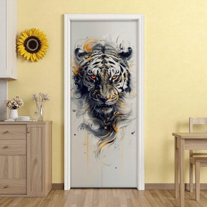 May include: A door mural featuring a detailed illustration of a tiger head with black stripes and glowing orange eyes. The artwork incorporates abstract swirling lines and splashes of orange and black ink against a light gray background.