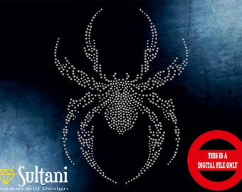 May include: A digital file design of a silver spider made of rhinestones on a dark blue background. The text "This is a digital file only" is in white on a red circle.