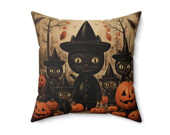 Almohada decorativa con nostalgia de Halloween que presenta un diseño vintage de gatos negros y calabazas en la víspera de Todos los Santos, excelente obsequio o presente