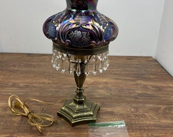 Fenton Purple Amethys Carnival Iridized Hand Painted Floral Student Lamp *READ*
