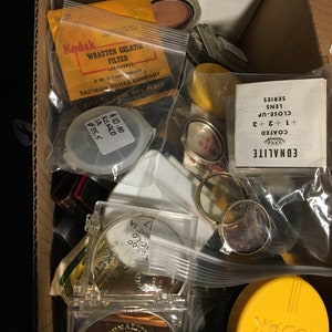 Box Full Of Camera/Movie Camera Filters-Rare Camera Filters-Afga.Toshiba,Kodak,Ednalite,Kenko,Walz,Tiffen Etc