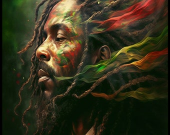 May include: A digital painting of a man with dreadlocks. His face is painted with green, red, and yellow colors, resembling the Jamaican flag. The background is a blurred green and yellow.