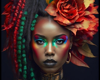 May include: A woman with dark skin and long black dreadlocks with red and green accents wears a colorful headdress with feathers and a large red rose. Her makeup is vibrant with rainbow colors. She wears a gold choker necklace and a gold armband.
