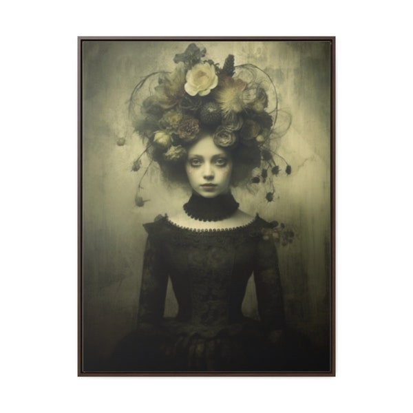 Victorian gothic woman flowers digital print, creepy girl vintage macabre witchy portrait dark academia whisigoth wall art, dark cottagecore