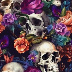 Bold dark floral skulls seamless digital pattern PNG  gothic flowers digital paper edgy flower scrapbooking whimsigoth instant download