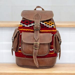 Large Moroccan Hippie Leather Backpack Purse with Multicoloured Rainbow Stripes - Unique Tapestry Rucksack for Women - Quirky Festival Bag