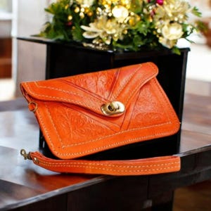 Cartera de cuero genuino plegable larga hecha a mano marroquí para mujer con correa de muñeca, bolso de mano pequeño con correa de mano, mini bolsa de maquillaje