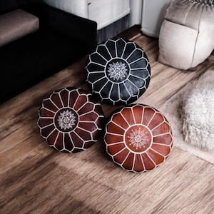 Moroccan POUF **50% OFF** with White Stitching Leather Pouf Ottoman Pouf Morrocan Leather Pouf Moroccan Pouffe, Ottoman pouf, Table pouf