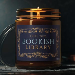 Bookish Library Soy Candle 9oz, All Natural Candle, Gift for Bookworm, Amber Jar Candle, Literary Girl Gift, Cozy Home Decor, Dark Library