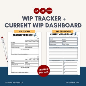 May include: A printable PDF with a multi WIP tracker and current WIP dashboard. The design includes sections for fic title, fandom, current chapter, word count, and more. The text "WIP TRACKER + CURRENT WIP DASHBOARD" is displayed at the top.