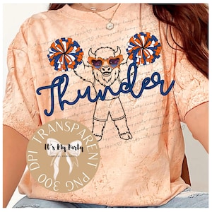 May include: Peach-colored t-shirt featuring a cartoon bison wearing heart-shaped sunglasses and holding pom-poms. The word "Thunder" is written in blue script. The shirt has a transparent logo that says "It's My Party".