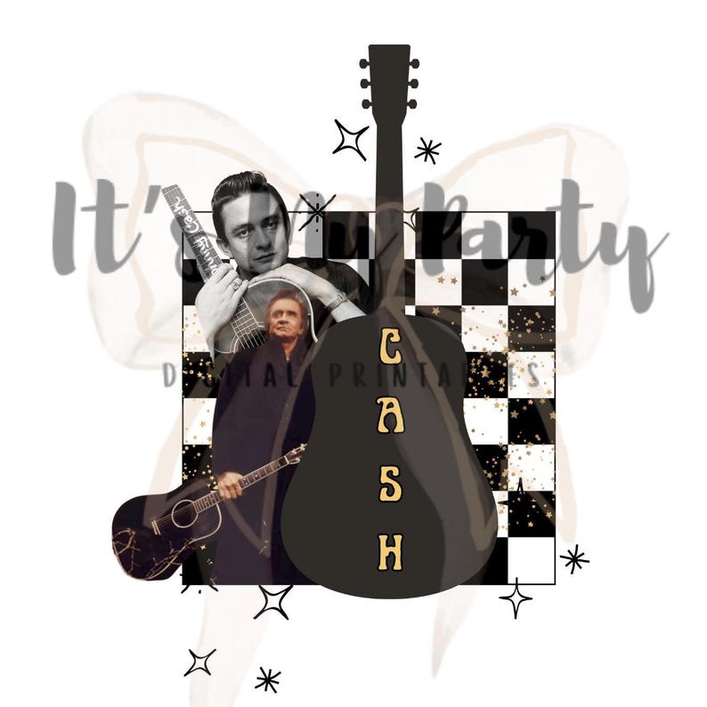 May include: A graphic design featuring Johnny Cash with a black guitar silhouette and the word "CASH" in gold. The background includes a black and white checkered pattern with gold stars and the text "It's Party".