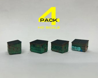 4 Pack of Custom Painted HO Scale Model Train Dumpsters with Graffiti and Weathering