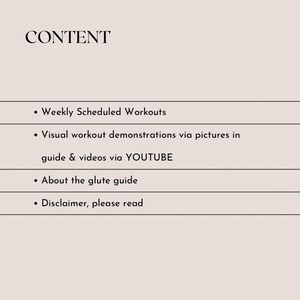 Table of contents are weekly scheduled workouts, visual workout demonstrations via pictures and videos, information about the glute guide and disclaimer.