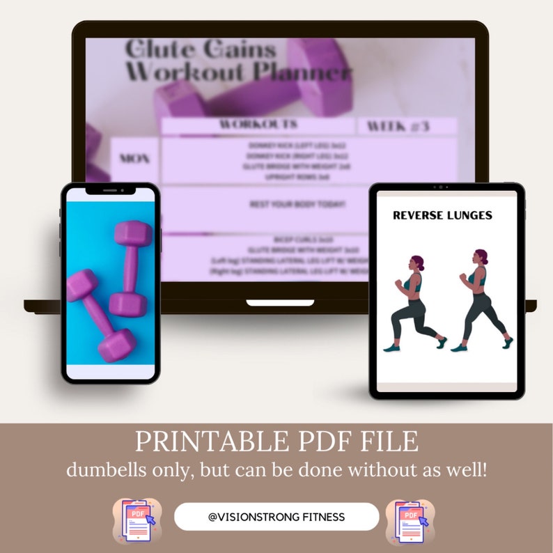 All exercises can be done with dumbbell weights. This Workout Guide includes Glute exercises where you can work out from the comfort of your own home.This Fitness guide also includes Strength workout and full body workouts to help with Weight loss