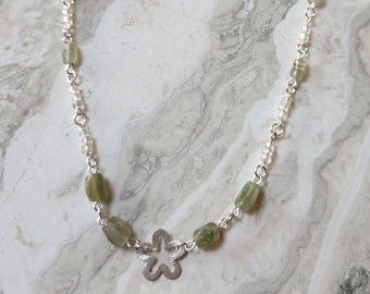 Fluorite stone and Silver flower Necklace