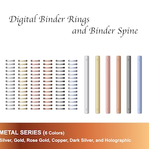 May include: Digital binder rings and spine in six colours: silver, gold, rose gold, copper, dark silver, and holographic.