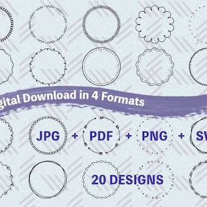 Op de afbeelding: Twintig verschillende zwart-witte frameontwerpen om digitaal te downloaden in vier formaten: JPG, PDF, PNG en SVG.