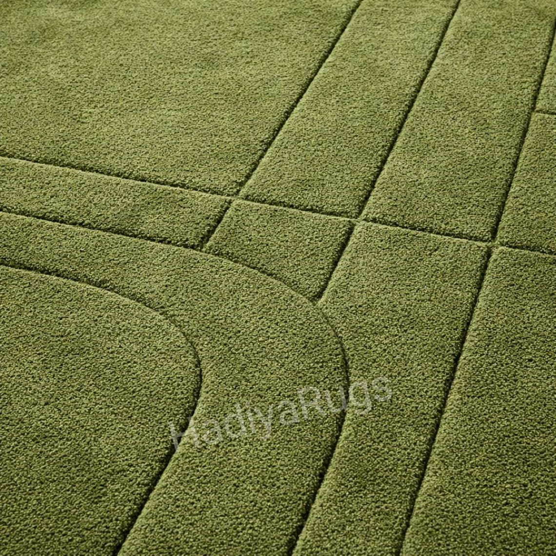 Moss Green Solid Wool Rug With Carved Lines | Modern Minimal Living ...