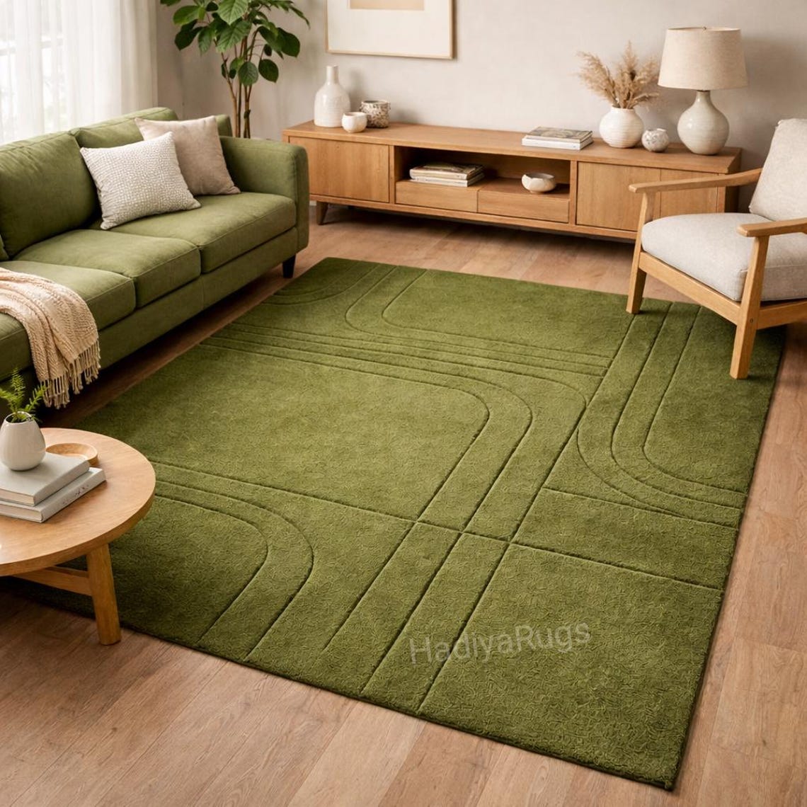 Moss Green Solid Wool Rug With Carved Lines | Modern Minimal Living ...