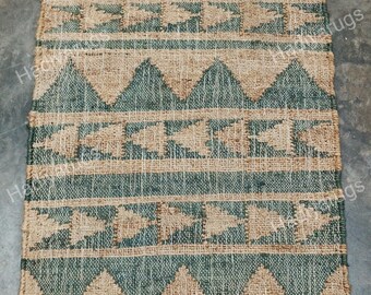 Handwoven Jute Dhurrie Rug: Neutral Geometric Farmhouse Boho Area Mat