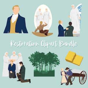 May include: A collection of vector illustrations with a light blue background. The images include figures in suits, people in white robes, a forest scene, and a couple with a cart. Text reads "Restoration Clipart Bundle."