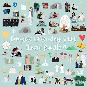Puede incluir: Colección de ilustraciones de clipart con temática de Santos de los Últimos Días sobre un fondo azul claro. Las imágenes incluyen figuras religiosas, familias, edificios y símbolos. El texto central dice "Complete Latter-day Saint Clipart Bundle."