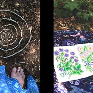Puede incluir: Una espiral hecha de ramitas en el suelo, con un vestido azul estampado y pies descalzos en primer plano. En el fondo, una taza de t&eacute; y tres pinturas florales de acuarela sobre una manta estampada.