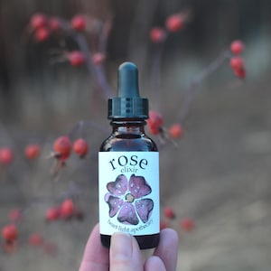 May include: A small brown glass bottle with a dropper top and a white label that says "rose elixir" and "heart light apothecary". The label also features a pink rose with water droplets.