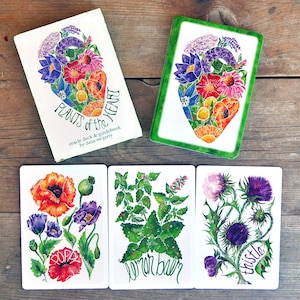 Puede incluir: Una baraja de or&aacute;culo y gu&iacute;a titulada "Plants of the Heart" de Dana McGarry. La baraja presenta ilustraciones en acuarela de flores y plantas, incluyendo amapolas, toronjil y cardo. Las cartas tienen un fondo blanco.