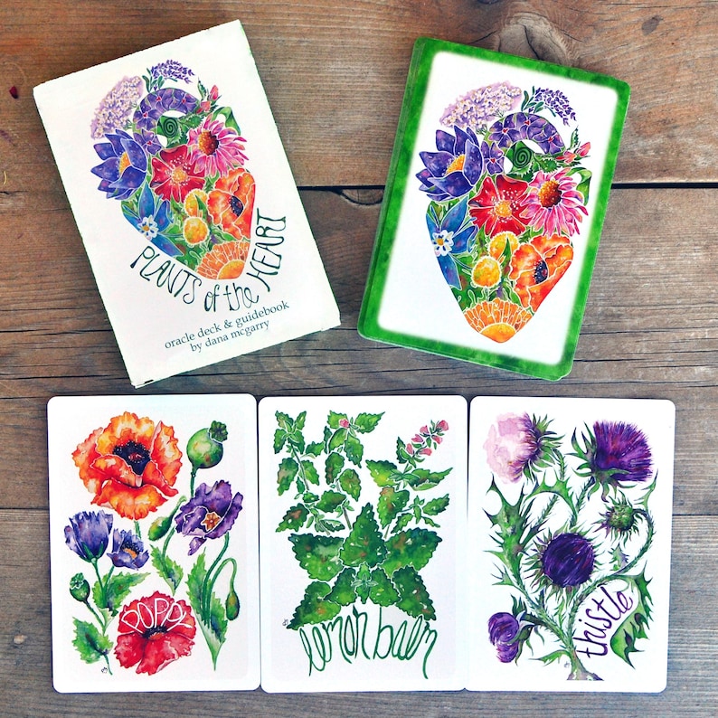 Puede incluir: Una baraja de or&aacute;culo y gu&iacute;a titulada "Plants of the Heart" de Dana McGarry. La baraja presenta ilustraciones en acuarela de flores y plantas, incluyendo amapolas, toronjil y cardo. Las cartas tienen un fondo blanco.