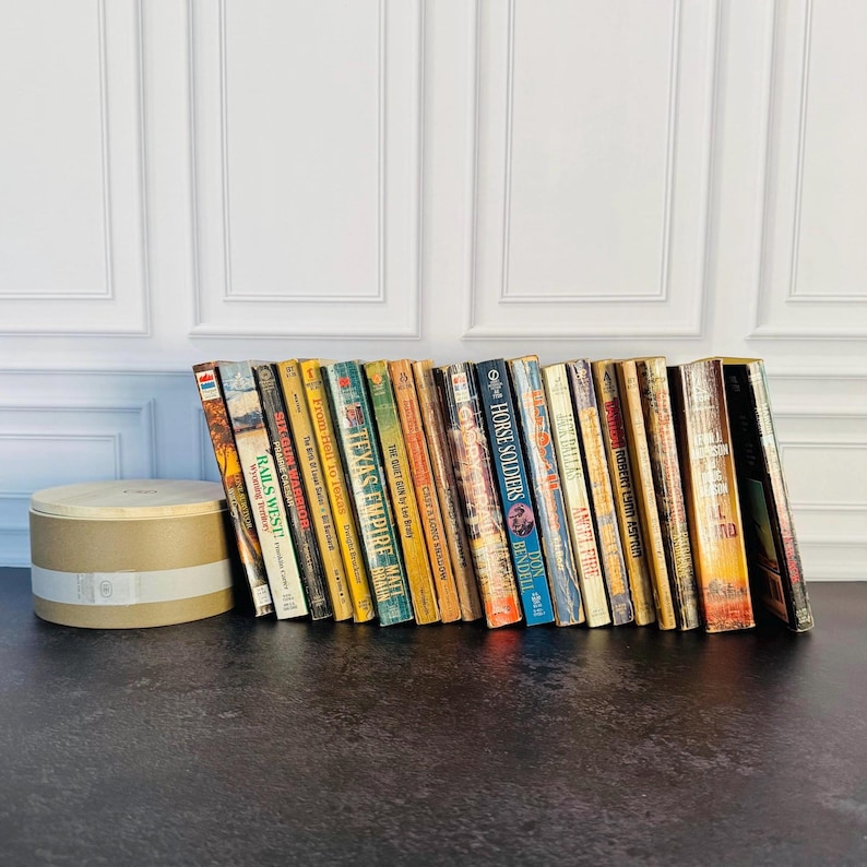Pu&ograve; includere: Una collezione di libri vintage con dorsi colorati, tra cui titoli come "Rails West" e "Texas Empire", &egrave; disposta su una superficie scura. A sinistra, una scatola rotonda beige con una fascia chiara.