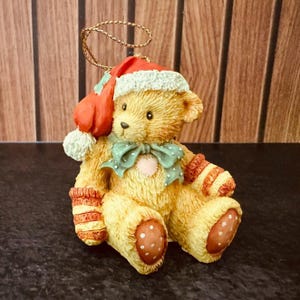 Vintage Cherished Teddies Ornament 'Bear with red stocking cap' with box, Collectible Keepsake for Home Decor, Perfect Christmas Gift