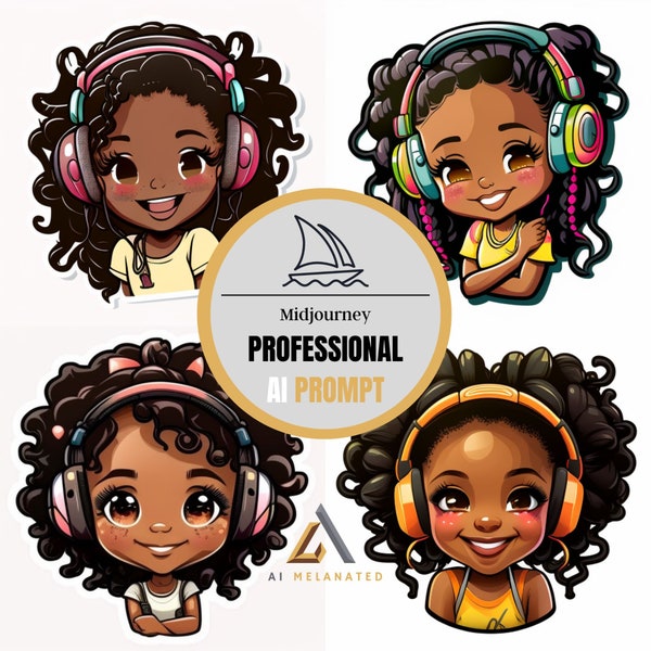 Midjourney Professional Ai Art Little Black Girl with Headphones Stickers