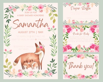 Fox Twin Baby Shower Invitation | Watercolor, Boho, Woodland, Printable, Template, Download, Editable
